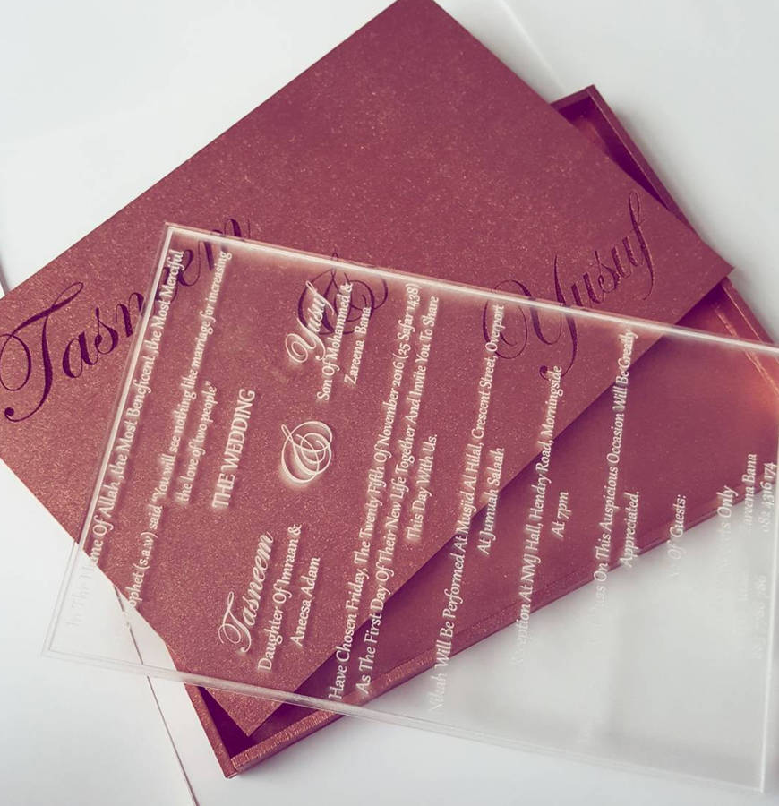 Acrylic Card With Wooden Box - Clear / Rose Gold