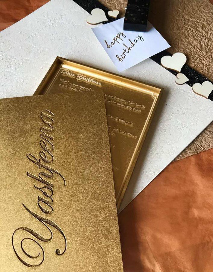 Acrylic Card With Wooden Box - Clear / Rose Gold