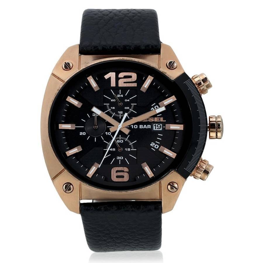 DIESEL Overflow Chronograph Black Dial Black Leather Men's Watch