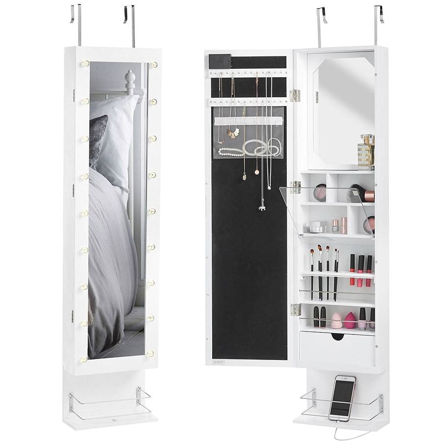 White LED Wall / Door Mounted Armoire Cabinet With Full Length Mirror, Underneath Shelf & Interna...