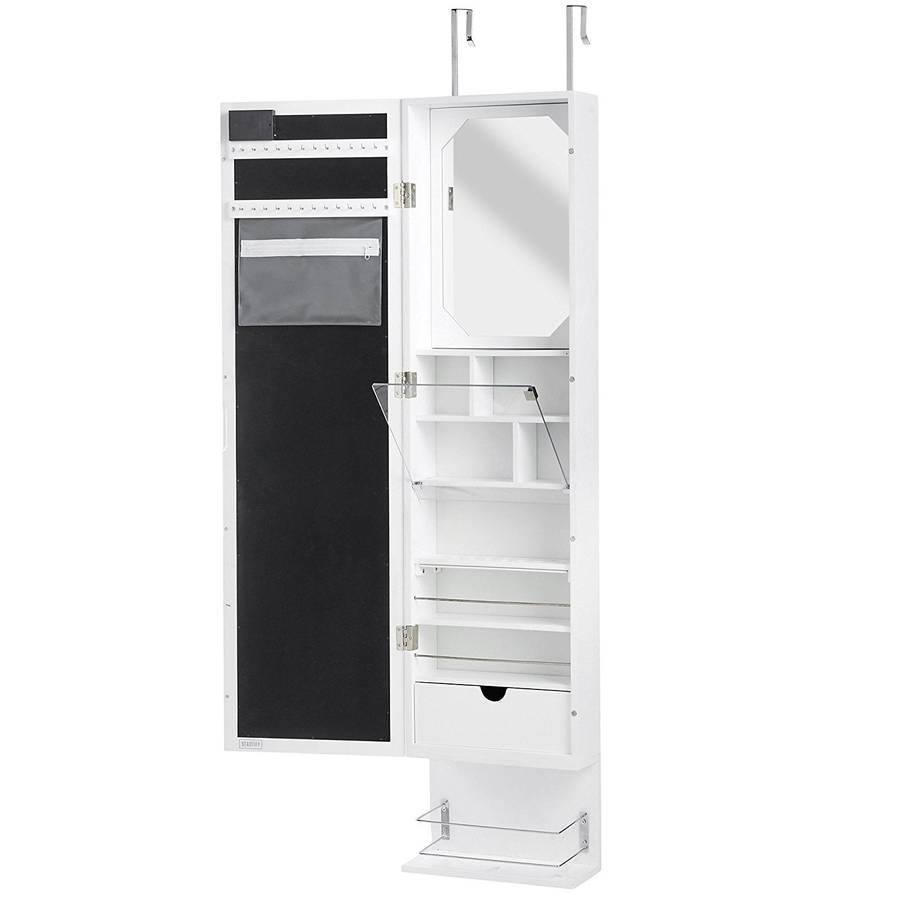 White LED Wall / Door Mounted Armoire Cabinet With Full Length Mirror, Underneath Shelf & Interna...