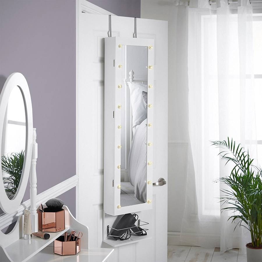 White LED Wall / Door Mounted Armoire Cabinet With Full Length Mirror, Underneath Shelf & Interna...