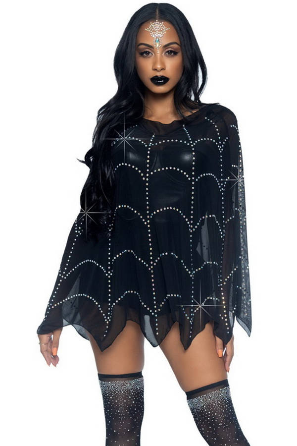 Sheer Rhinestone Spiderweb Poncho Costume