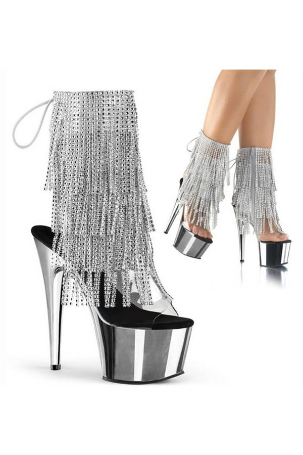 7" Heel Silver Chrome Plated Platform Ankle Boots