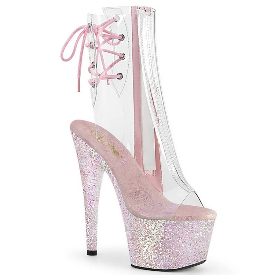 7" Heel Opal Holographic Glitter Open Toe Lace-Up Ankle Boots
