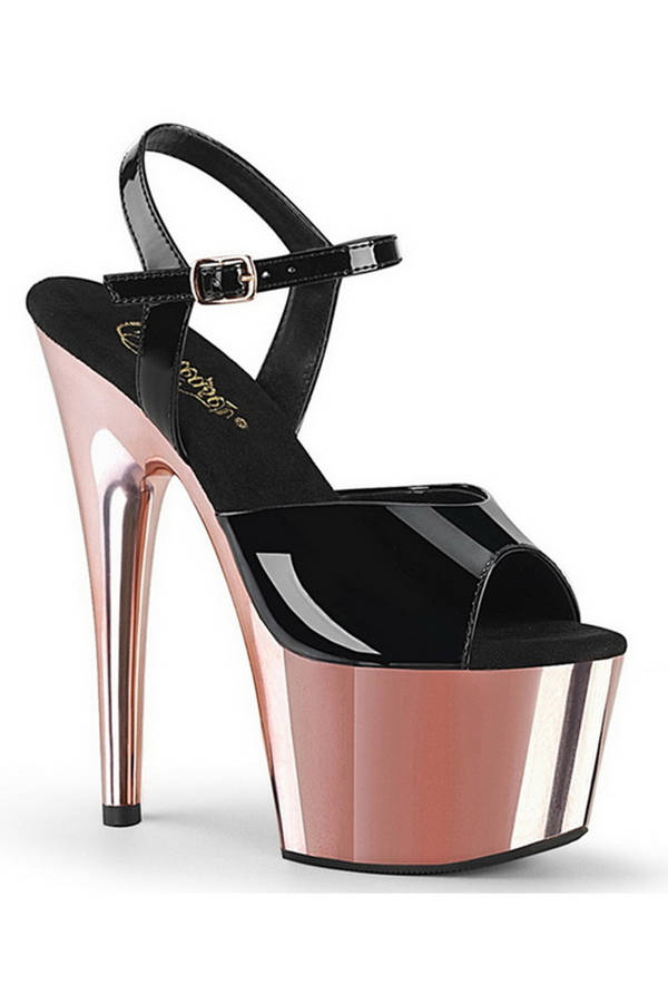 7" Heel Black & Rose Gold Chrome Platform Ankle Strap Sandals