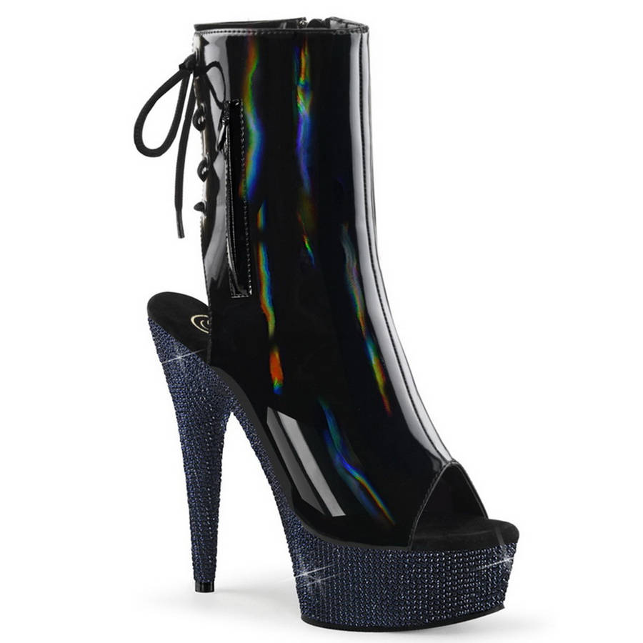 6" Heel Black Hologram & Rhinestone Platform Ankle Boots