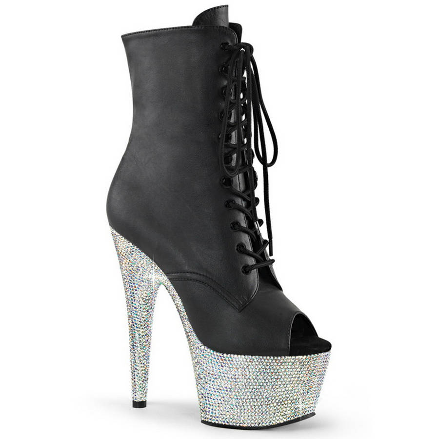 7" Heel Faux Leather Peep Toe Rhinestone Encrusted Platform Ankle Boots
