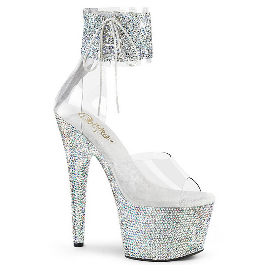 7" Heel Rhinestone Encrusted Platform Ankle Cuff Sandals