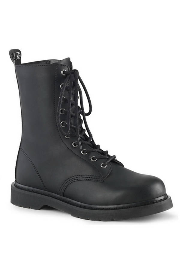 1 1/4" Stacked Flat Heel Black Vegan Leather Unisex Mid-Calf Boots