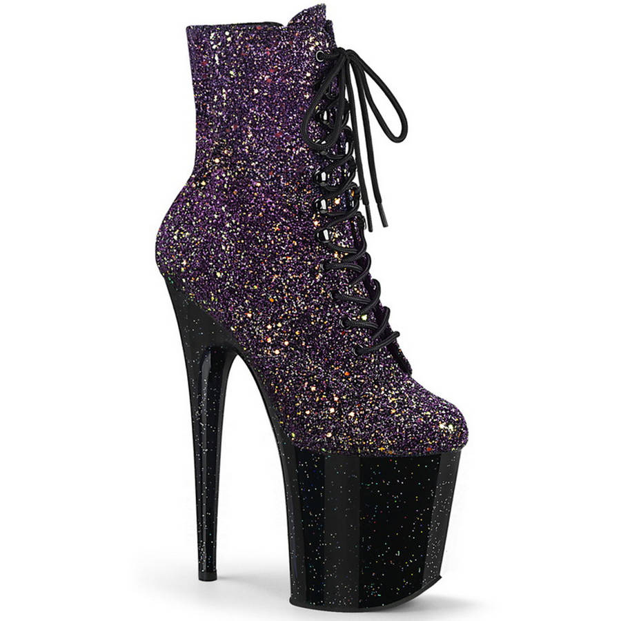 8" Heel Purple Multi Glitter Lace-Up Front Ankle Boots