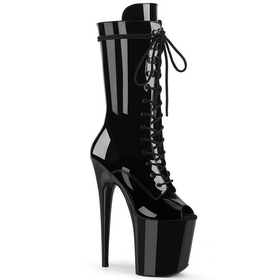 8" Heel Black Peep Toe Mid-Calf Boots