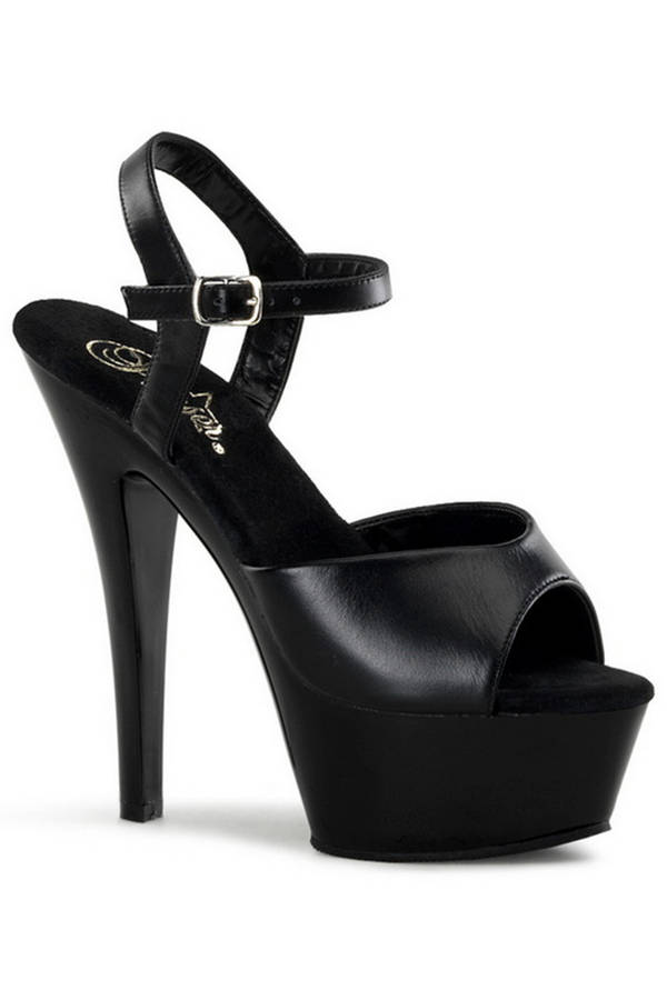 6" Heel Black Leather Platform Ankle Strap Sandals