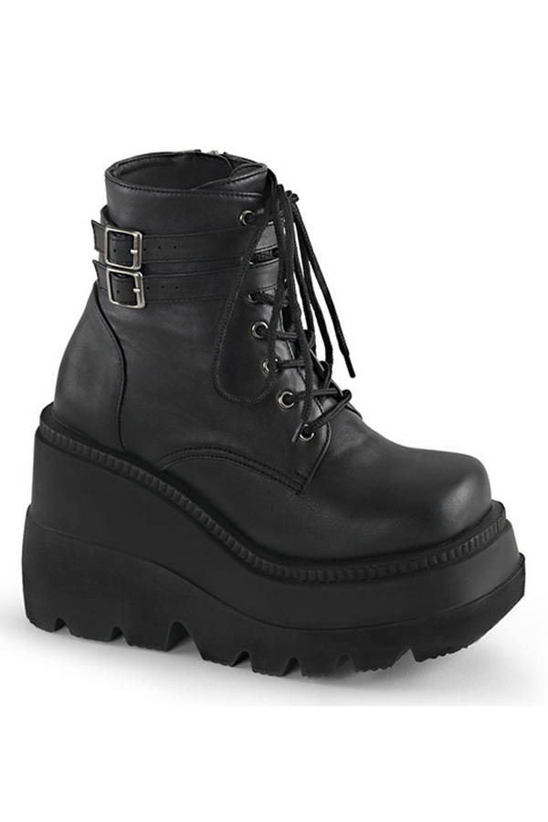 4 1/2" Stacked Wedge Black Vegan Leather Ankle Boots