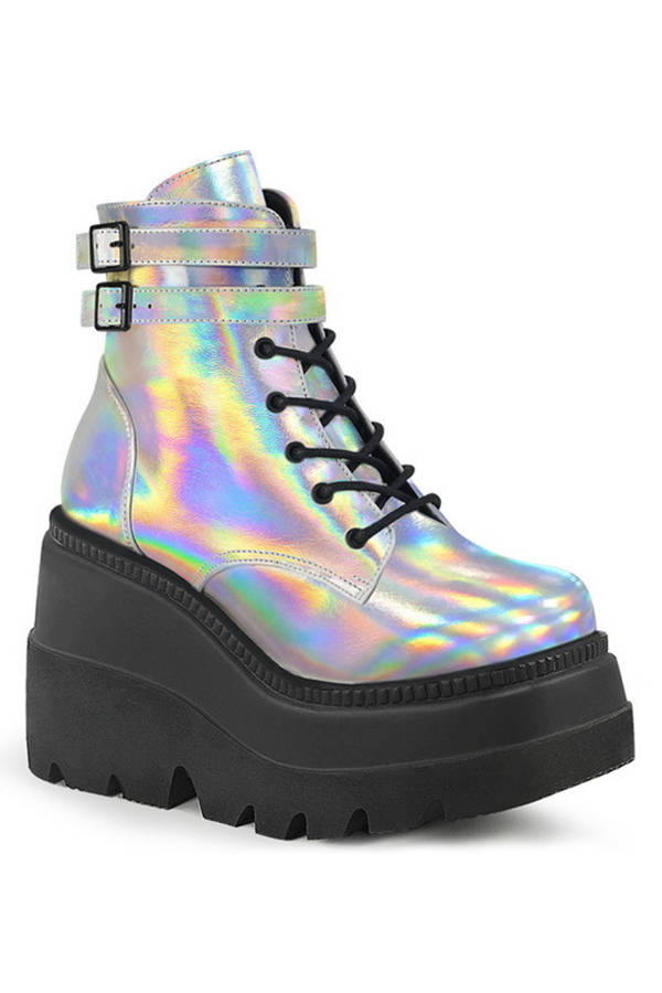4 1/2" Stacked Wedge Silver Hologram Ankle Boots