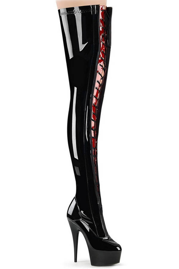6" Black & Red Stretch Patent Thigh High Boots