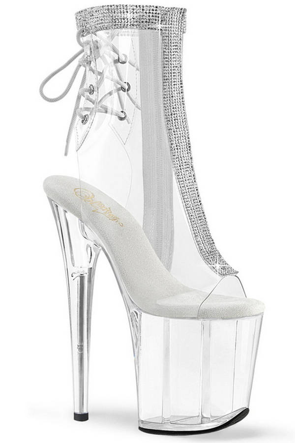 Clear 8" Heel Rhinestone Peep Toe Ankle Bootie