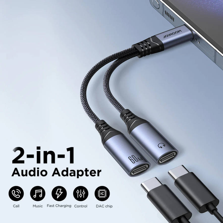 Joyroom SY-C03 - Audio Adapter Infographic - 2-in-1 Audio Adapter