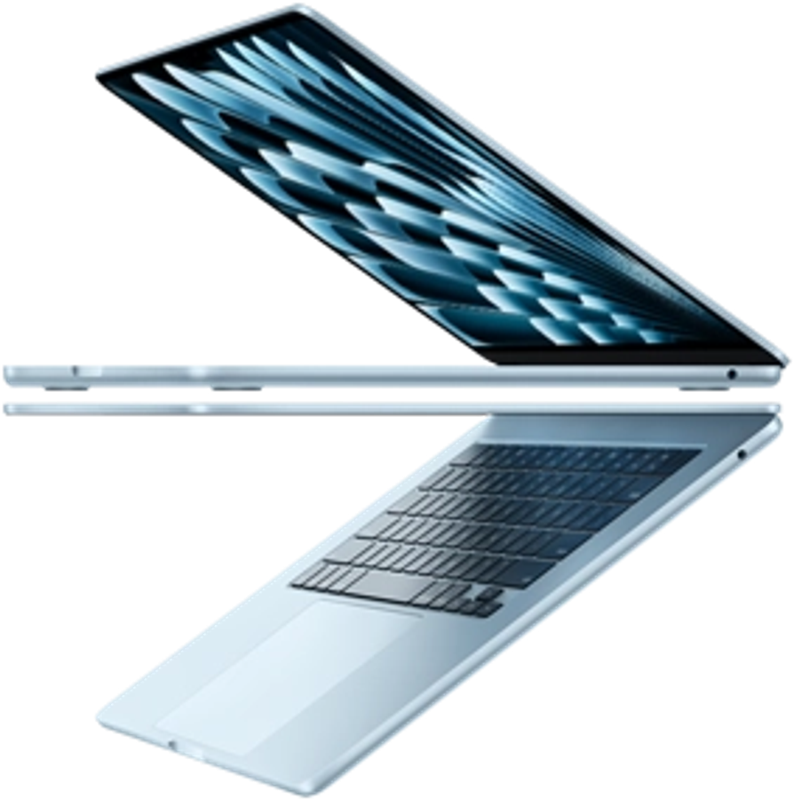Two open MacBook Air laptops in Sky Blue colour forming arrow shape, emphasising narrow profile
