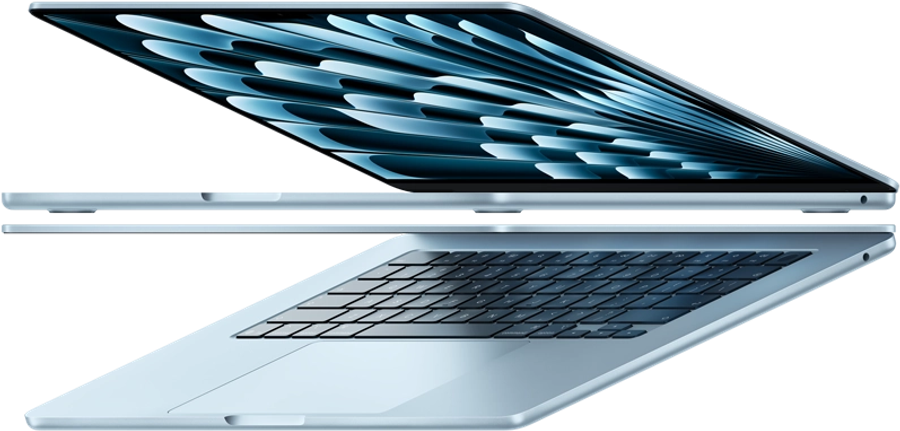 Two open MacBook Air laptops in sky blue color forming arrow shape, emphasizing narrow profile