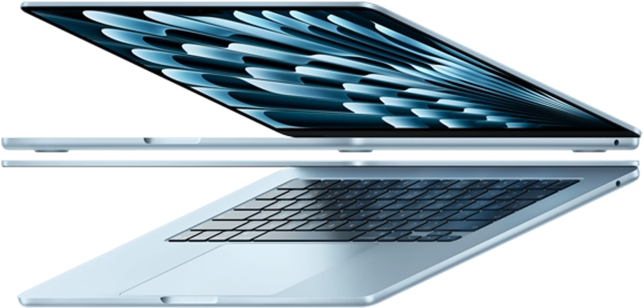 Two open MacBook Air laptops in sky blue color forming arrow shape, emphasizing narrow profile