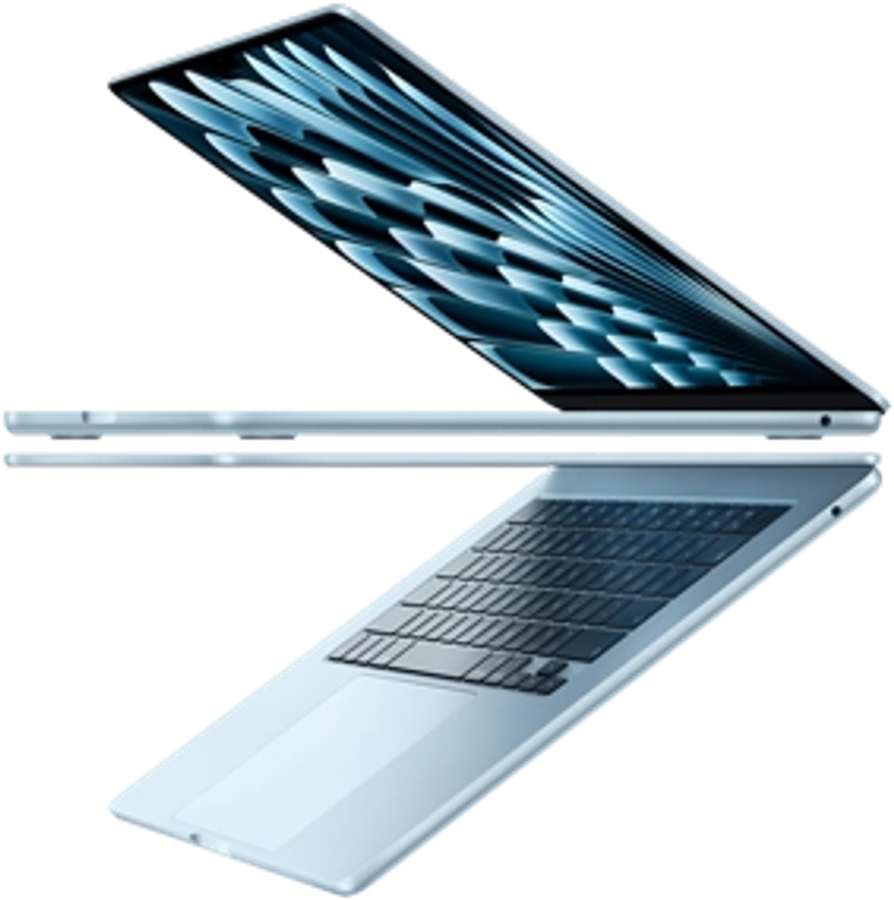 Two open MacBook Air laptops in sky blue color forming arrow shape, emphasizing narrow profile