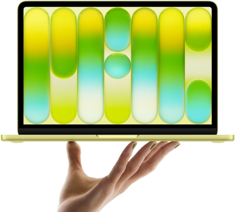 MacBook Neo in citrus color, balanced on fingertips of open hand, screen displaying colorful abstract pattern