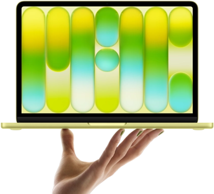 MacBook Neo in citrus color, balanced on fingertips of open hand, screen displaying colorful abstract pattern