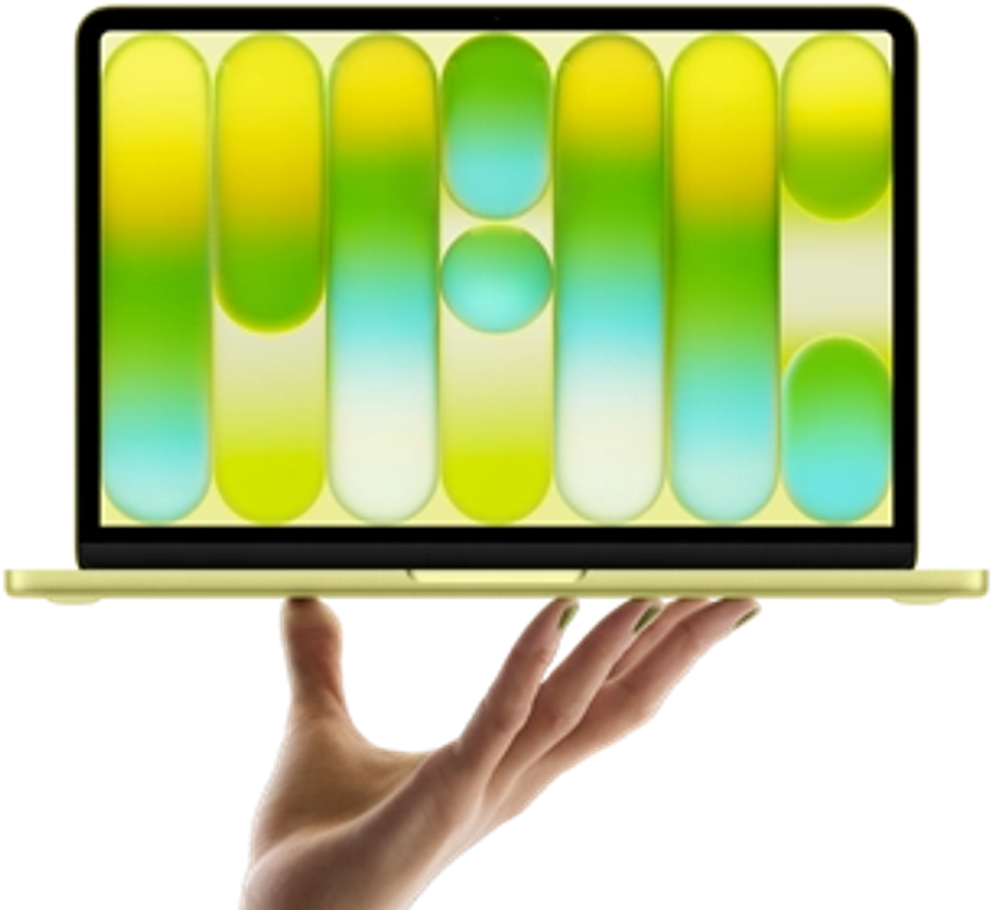 MacBook Neo in citrus color, balanced on fingertips of open hand, screen displaying colorful abstract pattern