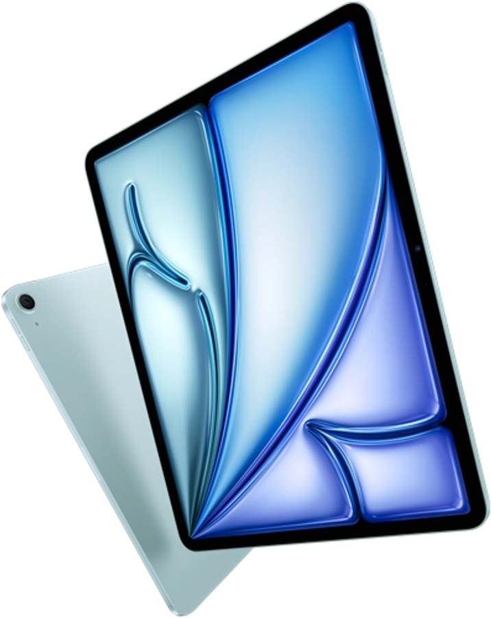 Front angle of 13-inch iPad Air, colorful display on screen, 11-inch iPad Air with back exterior and 12MP Wide back camera