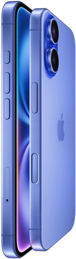 Two iPhone 16 devices, side exterior, stacked facing each other in Ultramarine finishes, volume buttons, Action button, Side button, Camera Control button, Apple logo in centre, raised Advanced dual-camera system