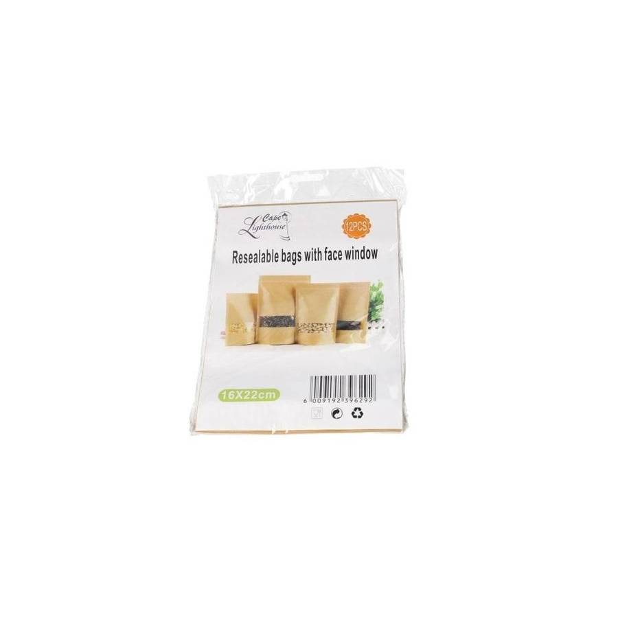 Cape Lighthouse Kraft Paper Resealable Packaging Bags Pouches With Face Window 16X22Cm 12Pcs