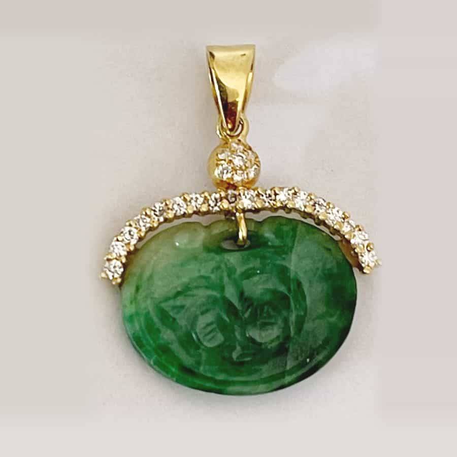 Chinese 14Ct Gold  Jade and Diamonds Pendant