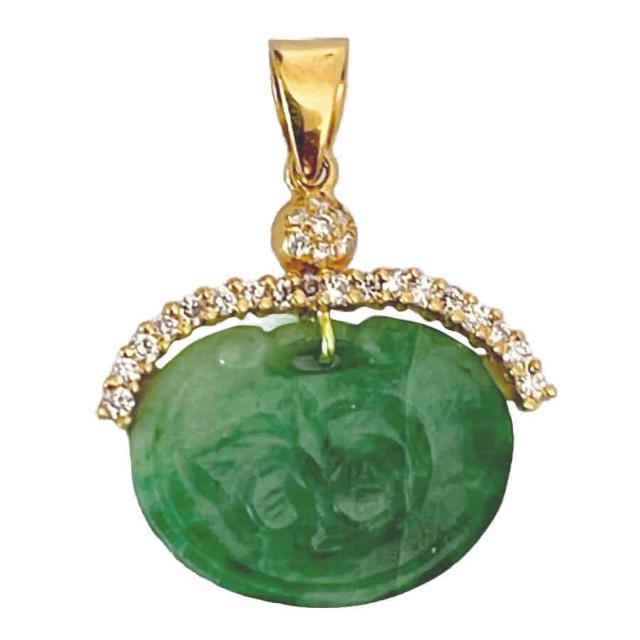 Chinese 14Ct Gold  Jade and Diamonds Pendant