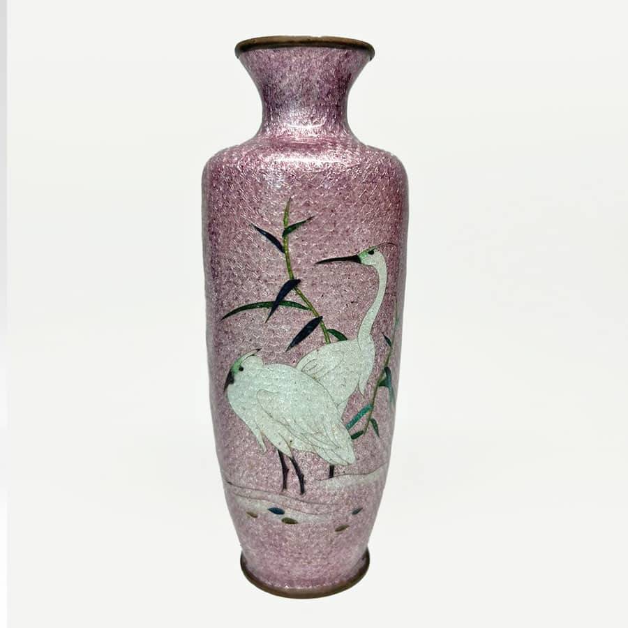 Pair Japanese Egret And Fauna Cloisonne Vases Meiji