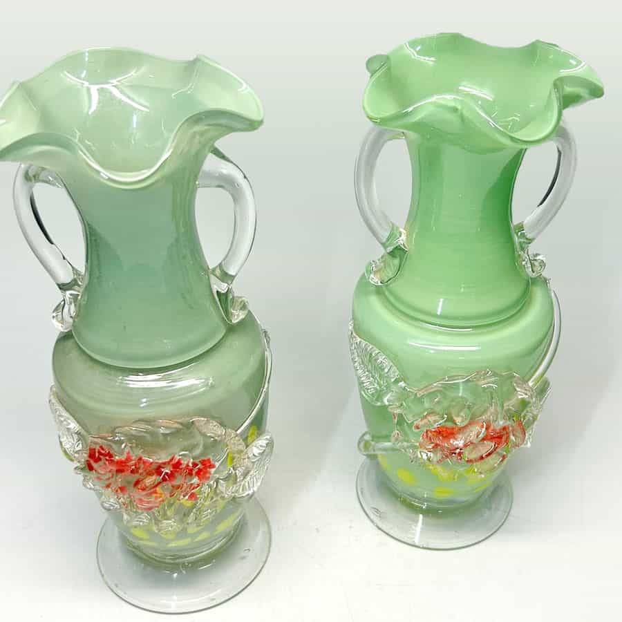 Murano Italy Pair Green Glass Vases With Applied Flower and Leaves 20th