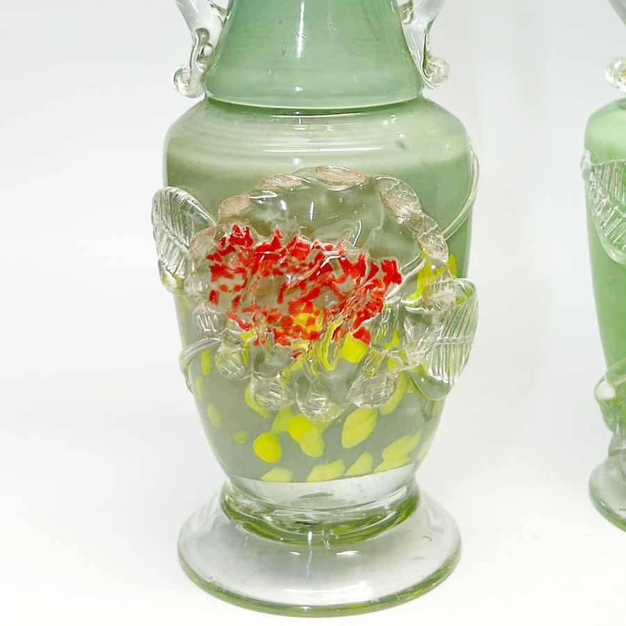 Murano Italy Pair Green Glass Vases With Applied Flower and Leaves 20th