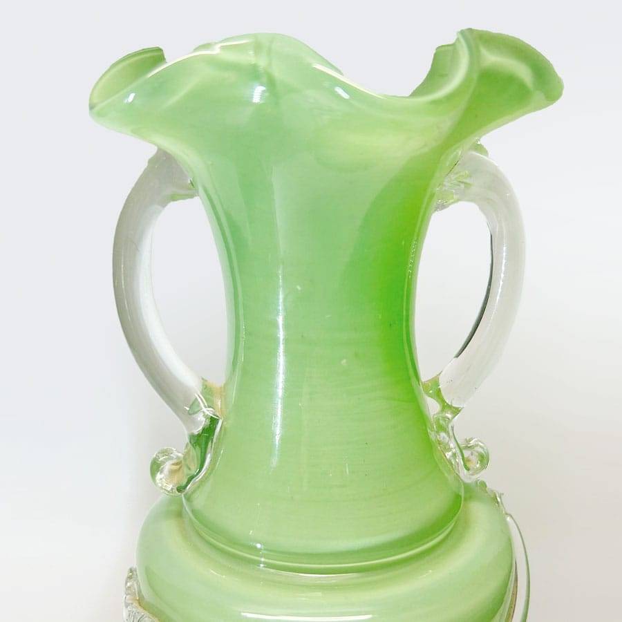 Murano Italy Pair Green Glass Vases With Applied Flower and Leaves 20th