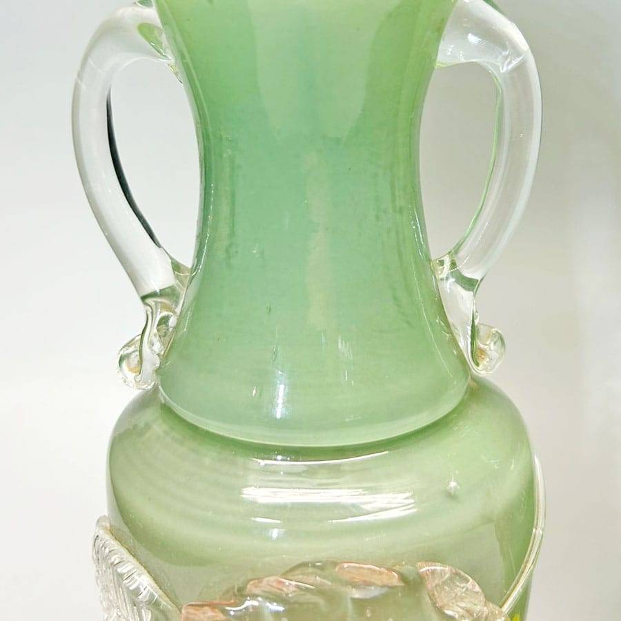 Murano Italy Pair Green Glass Vases With Applied Flower and Leaves 20th