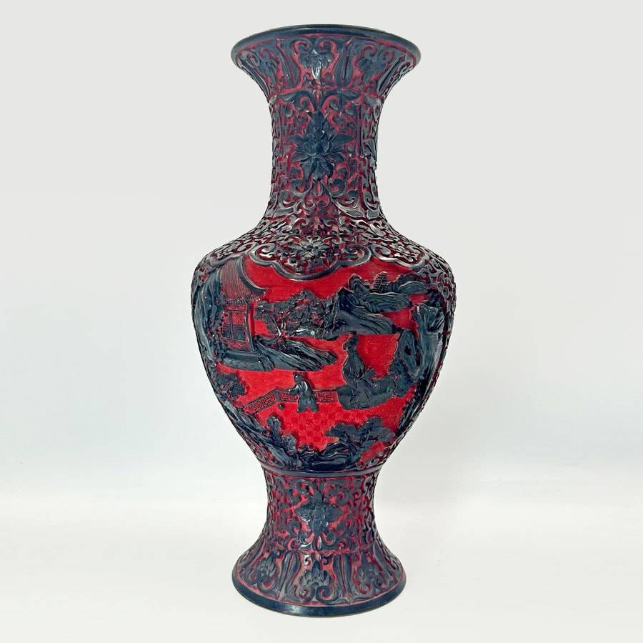 Cinnabar Chinese Hand Carved Large Village Scene Dual Tone Vase 20th