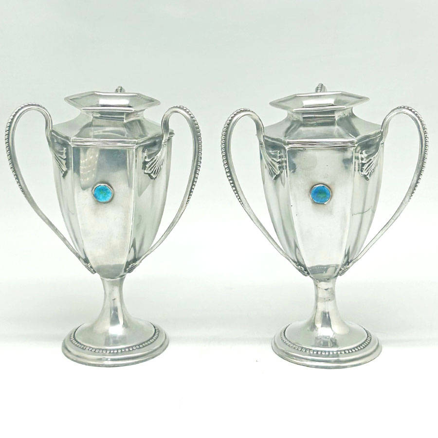 Arts and Crafts Tudric Pair Vases With Enamel Cabochons C1890