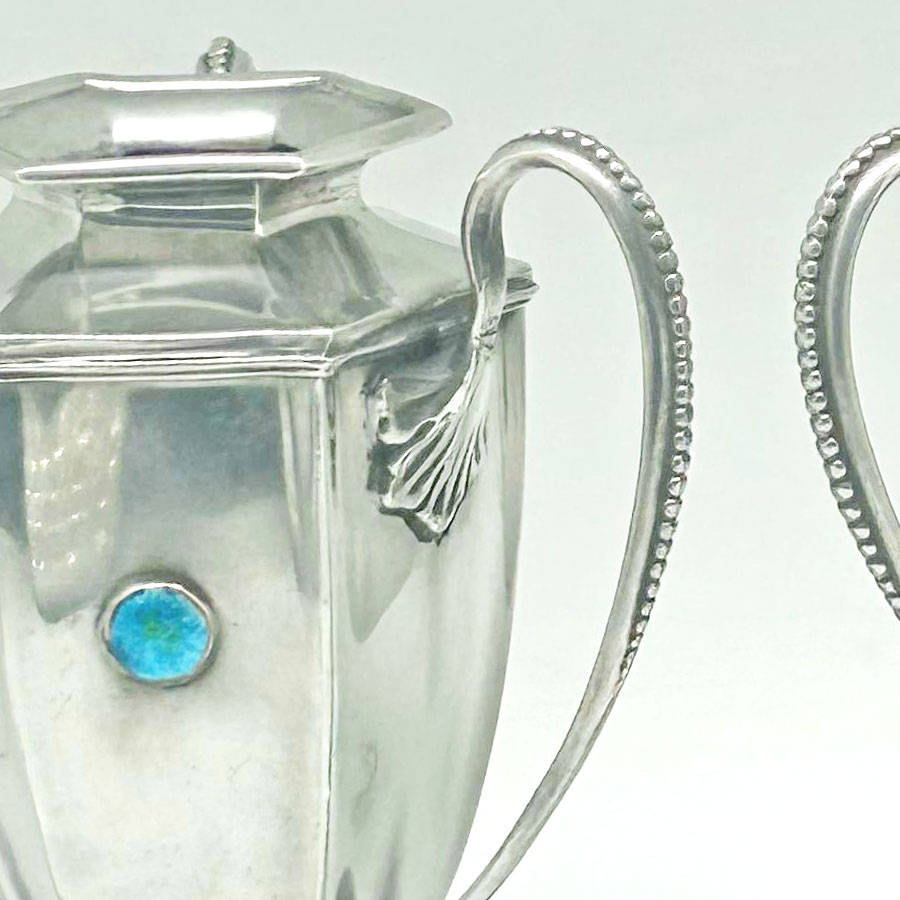 Arts and Crafts Tudric Pair Vases With Enamel Cabochons C1890