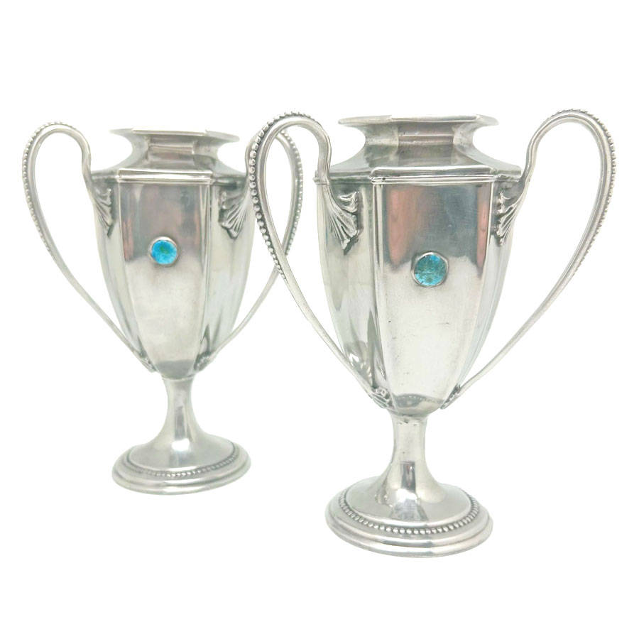 Arts and Crafts Tudric Pair Vases With Enamel Cabochons C1890