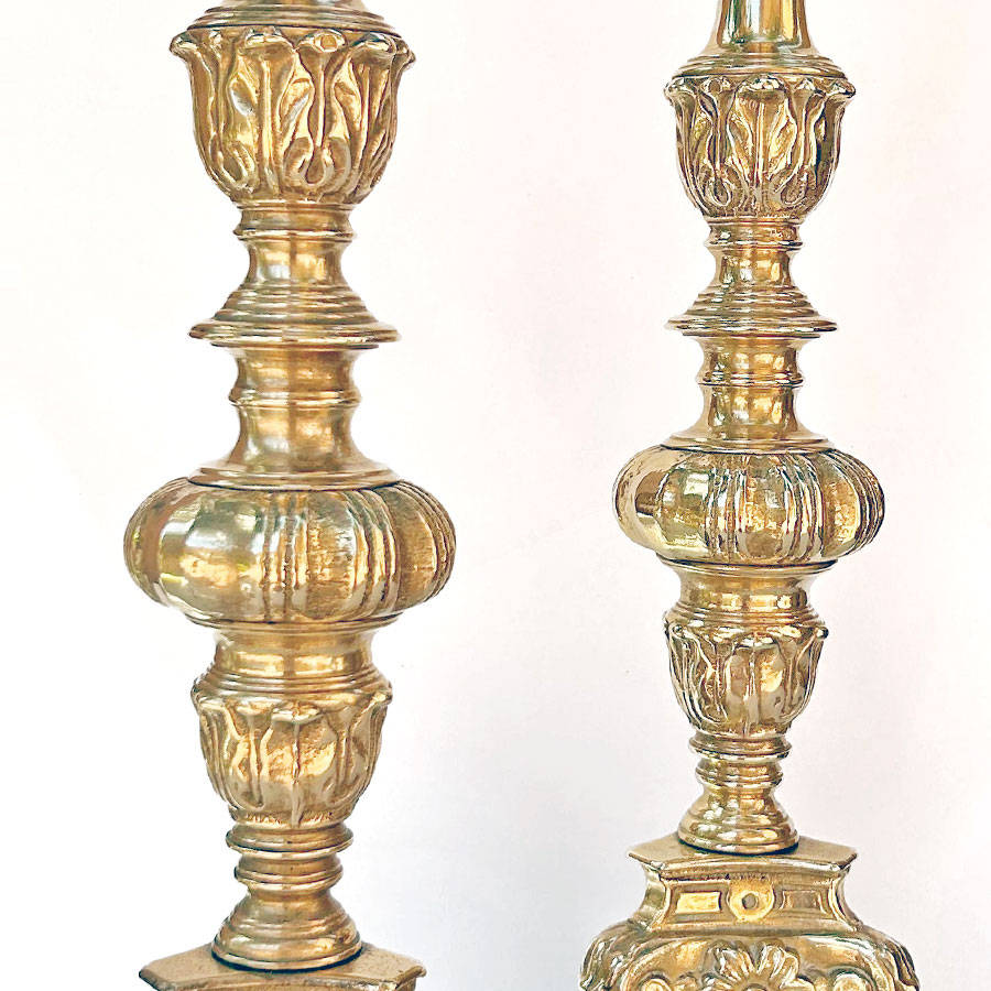 Pair Brass Altar Large Candlesticks Superb Casting 20th