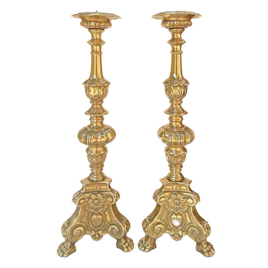Pair Brass Altar Large Candlesticks Superb Casting 20th