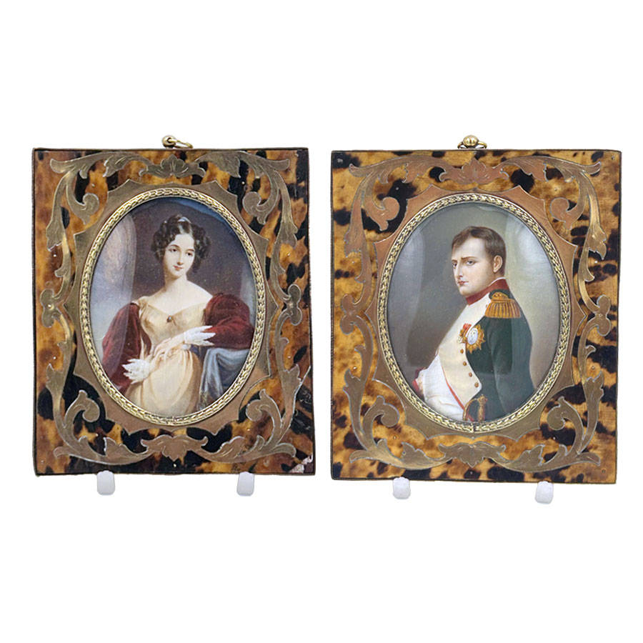 Pair Boulle French Painted Miniatures Napoleon and Josephine 19th