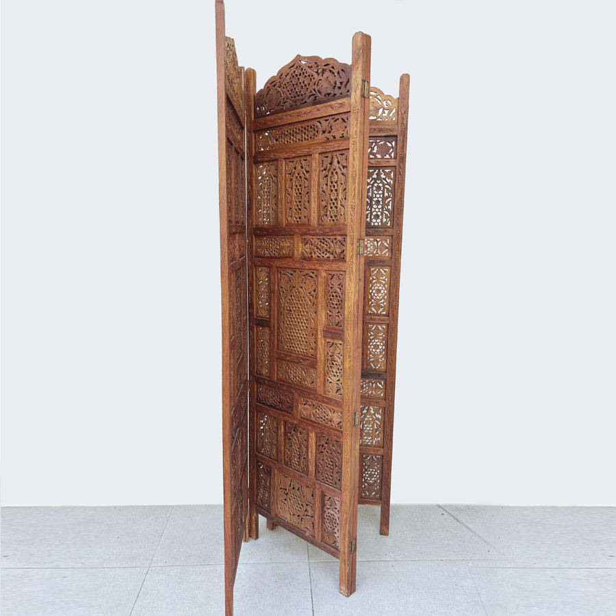 Mid-Century 4 Panels Teak Room Divider Fine Asian Carved