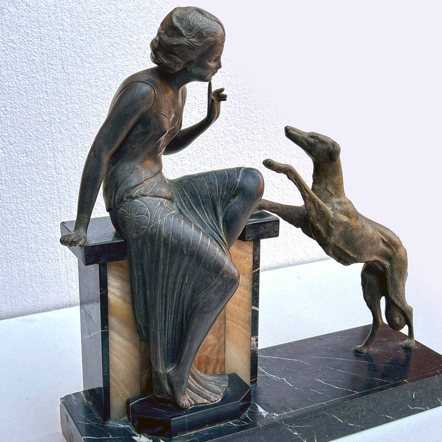 Art Deco Centrepiece La Reprimande Lady With Greyhound On Onyx and Marble Base C1930