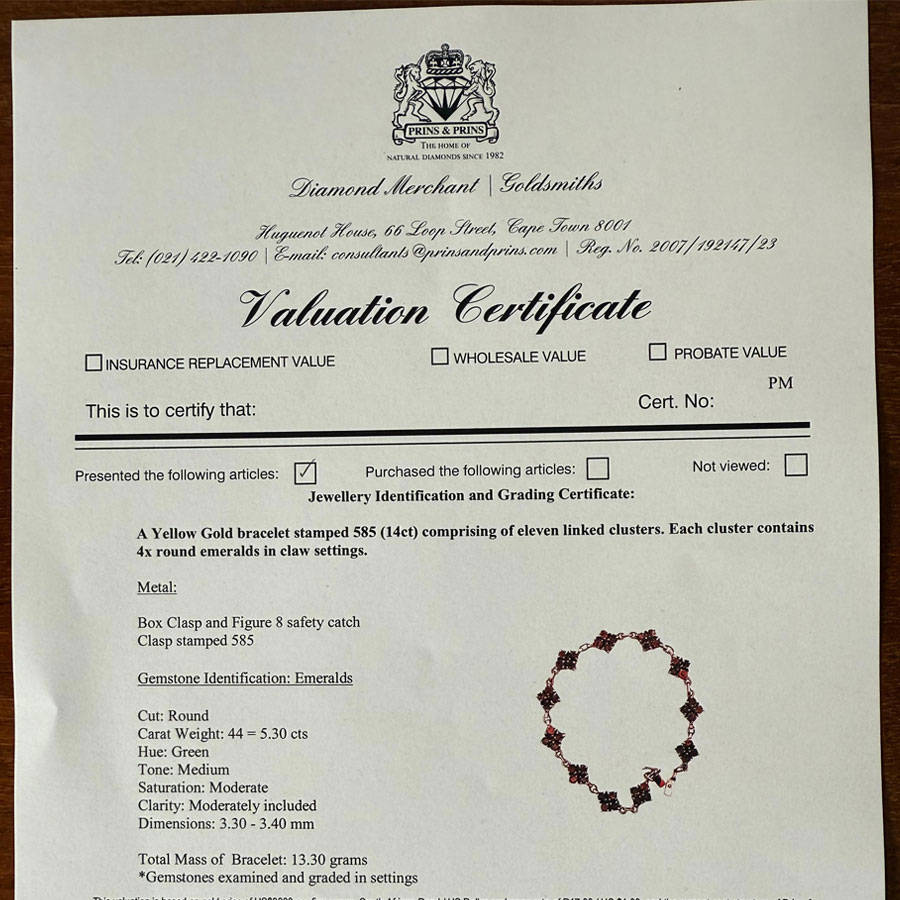 14Ct Gold Bracelet Set With 44 Claw Set Emeralds