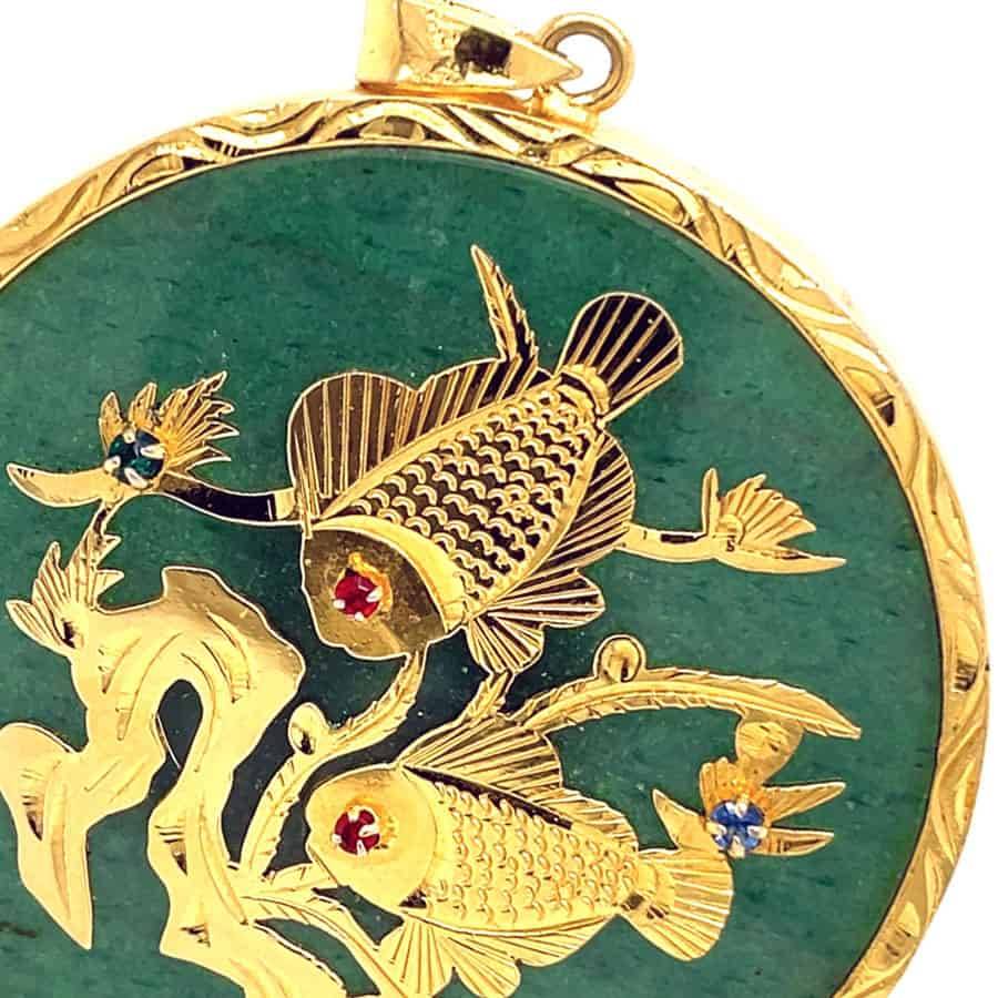 14ct Gold and Spinach Jade Fish Pendant